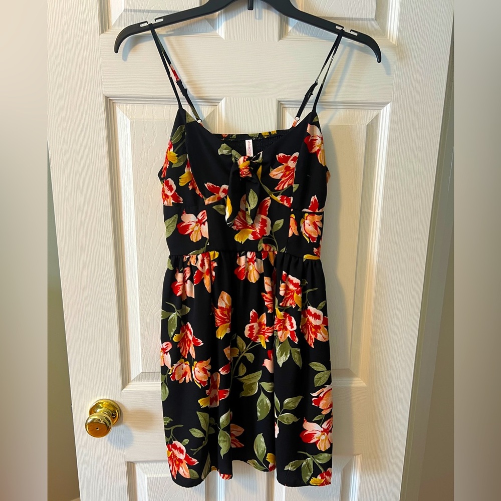 Black Spaghetti Strap Dress with Tropical Floral Pattern
